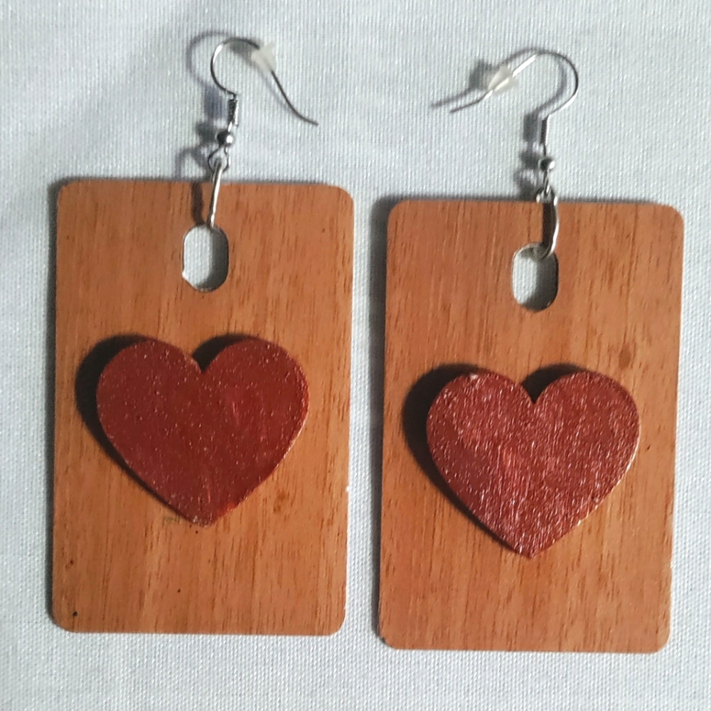 NEW Handcrafted Brazilwood Earrings! Rectangles with Wooden Hearts. 2.5" inches